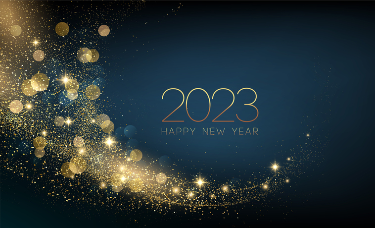 2023 Happy New year with Abstract shiny color gold swirl design element and glitter effect on dark background. Round frame For Calendar, poster design